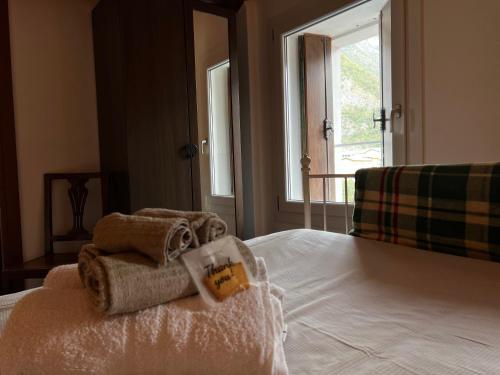 a bedroom with towels on a bed with a window at Borgo Lungofiume B&B in Valbrenta 