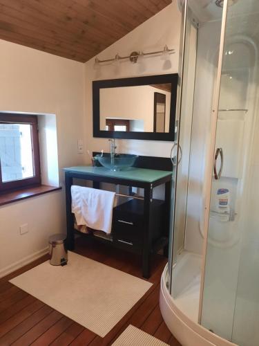 une salle de bain avec un lavabo et une douche dans l'établissement Maison au pied du Beaujolais, à Saint-Georges-de-Reneins