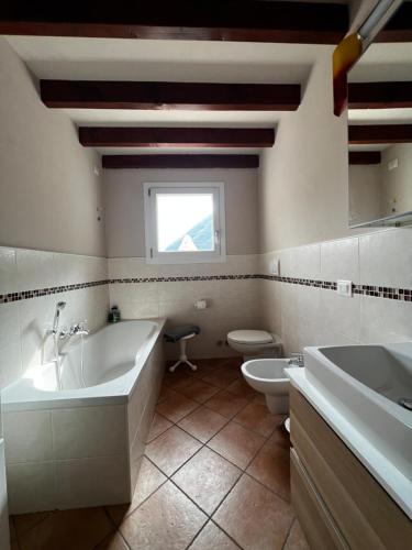 a bathroom with a tub and a toilet and a sink at Borgo Lungofiume B&B in Valbrenta 