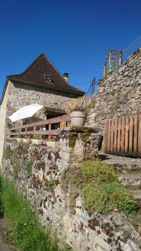 una casa de piedra con macetas en la pared en La maison de Zélie, en Larnagol
