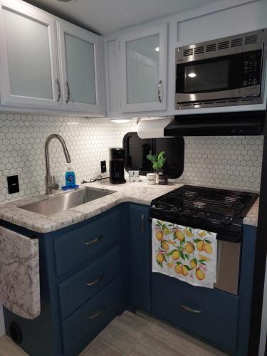 a kitchen with a sink and a stove and a microwave at The Torres' Camper Experience! in Tampa