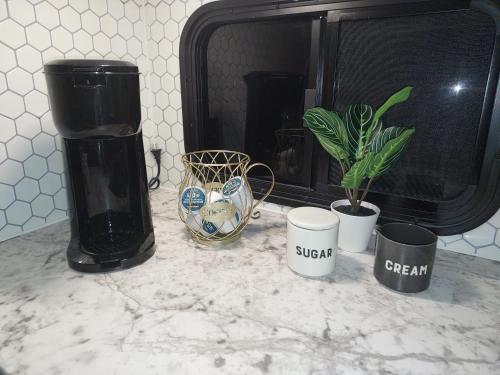 a kitchen counter with a coffee maker and a potted plant at The Torres' Camper Experience! in Tampa
