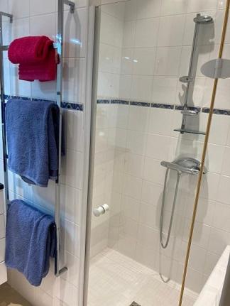 y baño con ducha y toallas azules y rojas. en MARTINEAU Idéal JO 2024, en La Celle-les-Bordes