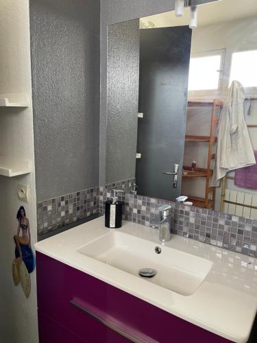 uma casa de banho com um lavatório e um espelho em Appartement Studio 35 m2 face à l'Ocean em Saint-Brévin-les-Pins