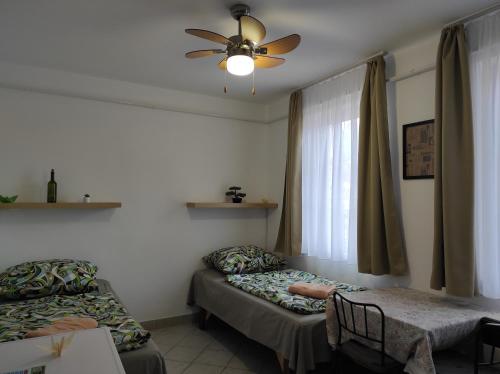 Zimmer mit 2 Betten und einem Deckenventilator in der Unterkunft Holdfeny Vendeghaz in Abádszalók