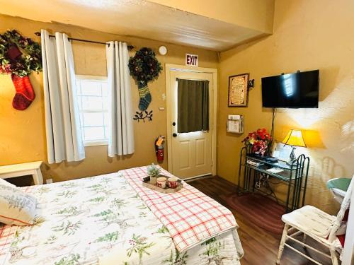 sypialnia z łóżkiem, telewizorem i oknem w obiekcie Acorn Hideaways Canton Delightful Christmas Suite Year Round w mieście Canton
