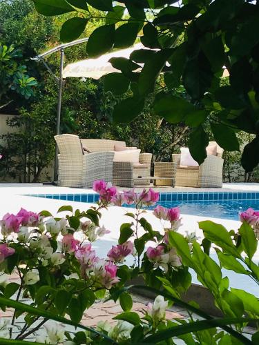 a pool with chairs and flowers in front of it at Guest House, shared pool, private bathroom and kitchen in Phuket