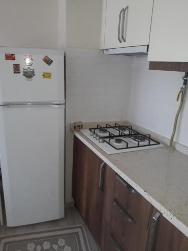 Il comprend une cuisine équipée d'un réfrigérateur blanc et d'une cuisinière. dans l'établissement Bursa Görükle, à Bursa