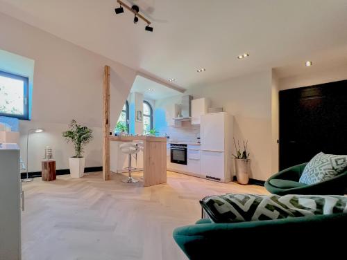 a kitchen and living room with a couch and a table at außergewöhnliche Ferienwohnung Stadtvilla Plauen in Plauen