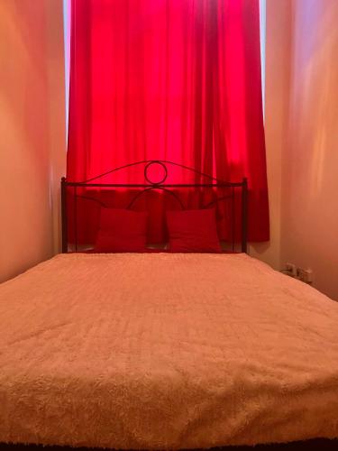 een slaapkamer met een bed met een rood gordijn bij Toscana Loft in Leipzig