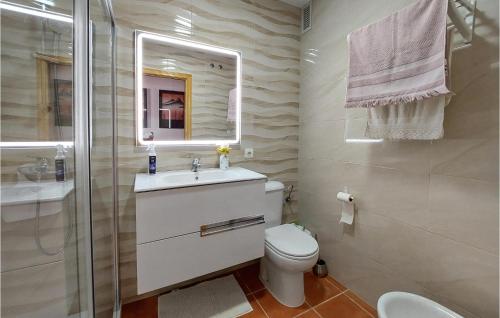 y baño con aseo, lavabo y espejo. en Gorgeous Apartment In Chiclana De La Front, With Kitchen, en Novo Sancti Petri