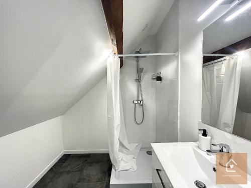a white bathroom with a shower and a sink at Les studios d'Elina - Entrée autonome in Châtellerault