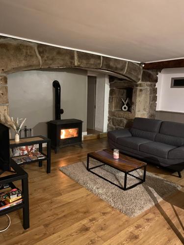 a living room with a couch and a fireplace at Logement cocooning au cœur de la nature in Saint-Symphorien