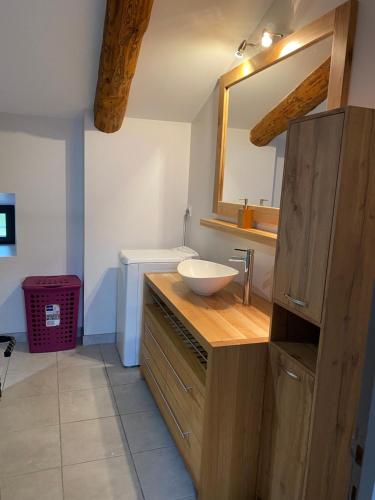 une salle de bain avec un lavabo et un miroir dans l'établissement Maison cosy et calme, à Saint-Symphorien
