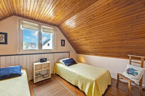 Un dormitorio con dos camas y techo de madera. en Meublé De Tourisme Acanthe, en Camaret-sur-Mer