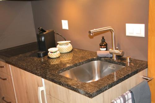a kitchen counter with a sink in a kitchen at 5Min Walk To Audi FIS Ski World Cup Swiss Studio in Adelboden