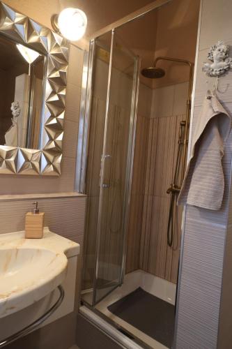 een badkamer met een douche en een wastafel bij Villa Wolf Castle - vanjski grijani bazen in Lopatinec