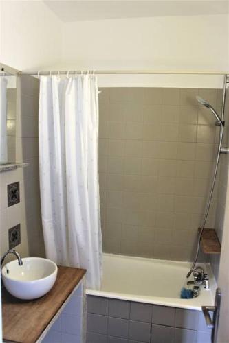 La salle de bains est pourvue d'un rideau de douche blanc et d'un lavabo. dans l'établissement Magnifique appartement, au Havre