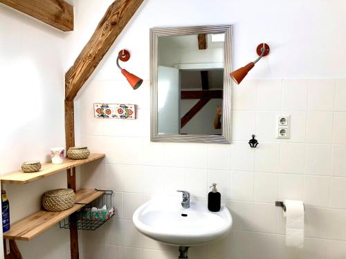een badkamer met een wastafel en een spiegel bij Finca in Brandenburg Ferienhaus mit Sauna in Baruth