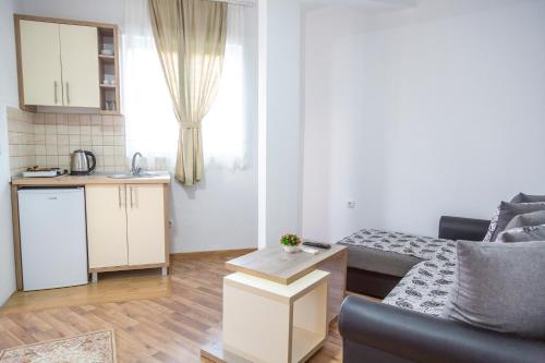 a small living room with a couch and a kitchen at Kenzy Apartments in Ulcinj