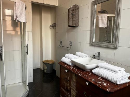 a bathroom with a sink and a shower with towels at GITE AU COEUR DU VIGNOBLE ALSACIEN in Ribeauvillé