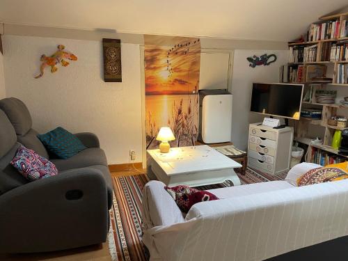 a living room with a couch and a tv at La Chambre Du Voyageur in Soustons