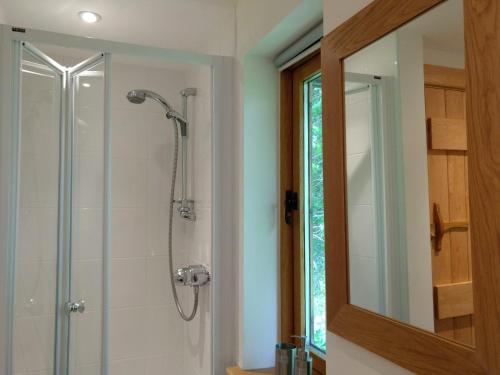 a bathroom with a shower and a mirror at The Studio, Upper House Farm, Crickhowell with Double Garage and Free Parking in Crickhowell