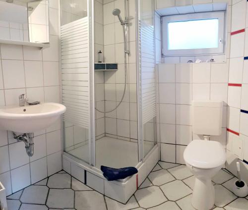 ein Bad mit einer Dusche, einem WC und einem Waschbecken in der Unterkunft Ruhige Ferienwohnung in Niepars in Niepars