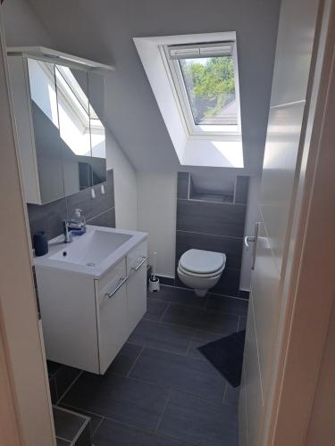 a bathroom with a sink and a toilet with a skylight at Wohnung (Studio) in Hattingen an der Ruhr in Hattingen