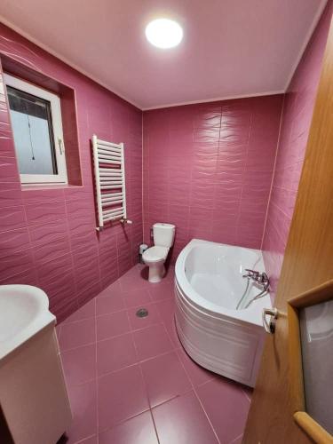 a pink bathroom with a tub and a toilet at VILLA CAISULUI Dobroesti in Bucharest