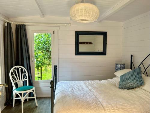 a bedroom with a bed and a mirror and a chair at Driftwood Dreams Garden Cabin in Lyminster