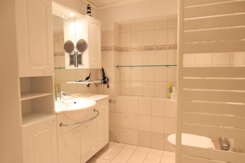 ザスニッツにあるFerienwohnung Panoramablickのバスルーム(洗面台、トイレ、シャワー付)