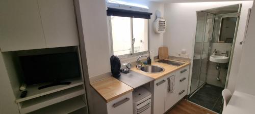 pequeña cocina con fregadero y TV en Acogedor Estudio Céntrico, en Santiago de Compostela