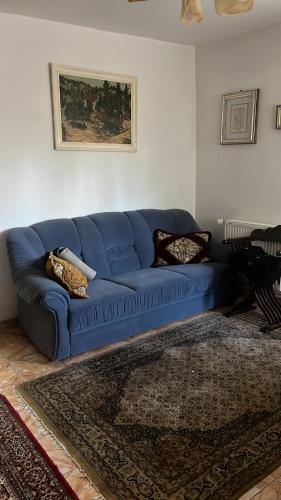 a blue couch in a living room with a rug at Elegant Boem Apartment in Focşani