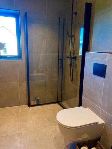 a bathroom with a toilet and a shower at Hytte til leie i Ryfylke in Hjelmeland