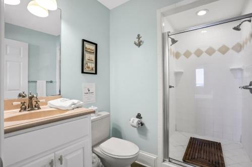 a bathroom with a shower and a toilet and a sink at Bird's Eye View in St. George Island