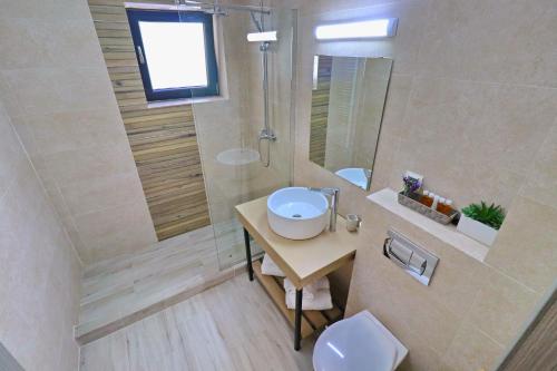 a bathroom with a toilet and a sink and a shower at ZEFIR APARTMENTS in Buşteni