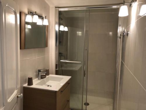 W łazience znajduje się umywalka i prysznic ze szklanymi drzwiami. w obiekcie TOULON - Côte d'Azur - Magnifique maison avec piscine privée w mieście Tulon