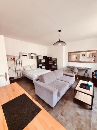 un salon avec un canapé et une table dans l'établissement Studio de l'hôtel de ville, à Charleville-Mézières