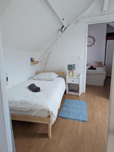 a bedroom with a white bed and a mirror at Duplex de 65 m2, Cœur de Bonneval in Bonneval