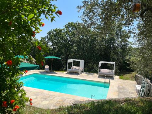 a swimming pool with two chairs and two umbrellas at Il Colombaio in Cavriglia
