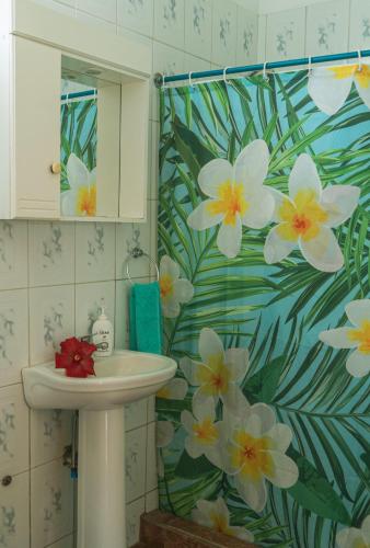 a bathroom with a sink and a shower curtain with flowers at Hostal y Cabañas Aorangi in Hanga Roa