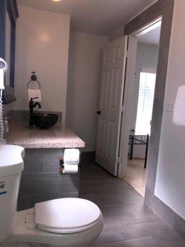 a bathroom with a white toilet and a door at Olancha RV Park and Motel in Olancha