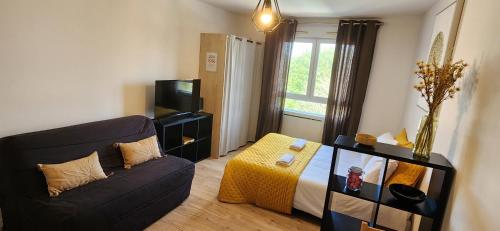 una pequeña sala de estar con sofá y cama en Le Bellecroix, en Metz