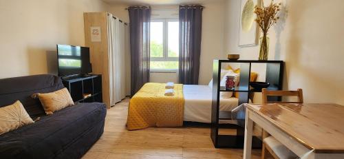 una sala de estar con una cama y un sofá en Le Bellecroix, en Metz