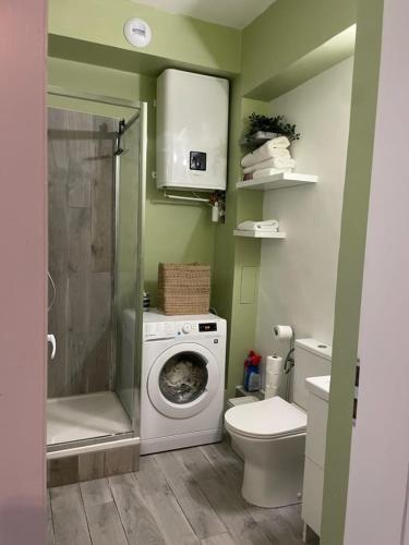 une salle de bain avec machine à laver et toilettes dans l'établissement Studio cosy quartier observatoire, à Strasbourg