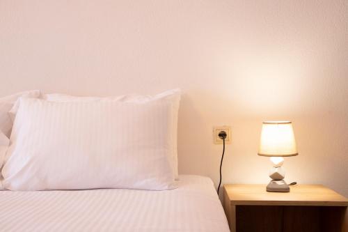 a bed with a white pillow and a lamp on a table at Olymp-rooms in Litochoro