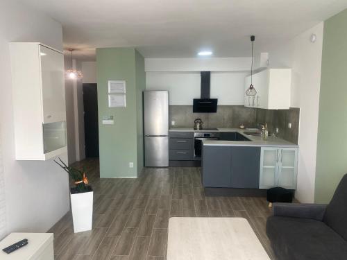 a kitchen with a refrigerator and a counter top at 1 Tyskie Apartamenty z ogródkiem in Tychy