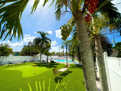 a palm tree in a yard with a pool at 2 Q Studio Apt With Shared Pool 01 in Clearwater
