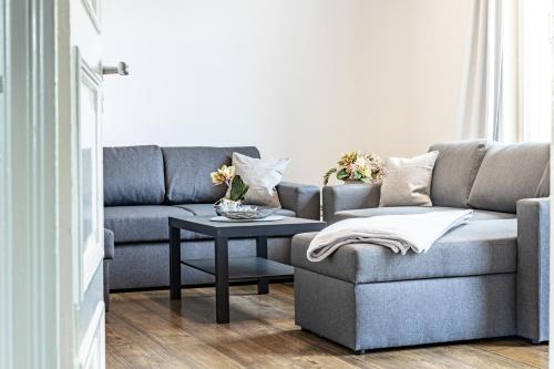 a living room with a couch and a table at Elbpanorama Lauenburg in Lauenburg